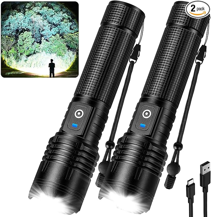 Flashlight Rechargeable LED High Lumens - 99,000 Lumens Super Bright Flashlights with 5 Modes, Adjustable，Waterproof Powerful Flash Light for Home, Camping(2 Pack)
