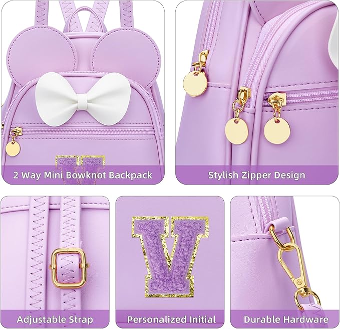 KKXIU Girls Initial Bowknot Cute Mini Backpack for Toddler, Travel Small Girl Backpacks, Personalized Birthday Gifts for Little Girls and Kids(V, Purple)