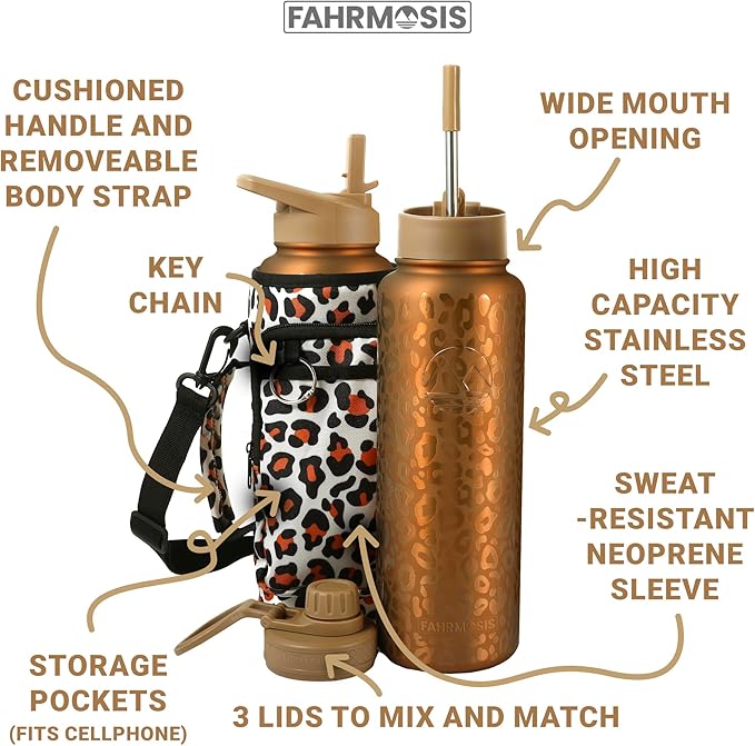 40 Oz Water Bottle with Strap Stainless Steel Sports Water Bottle with 3 Lids (Straw, Chug and Flip Lid) Insulated Leak Proof Metal Jug for Men & Women - Gold Leopard