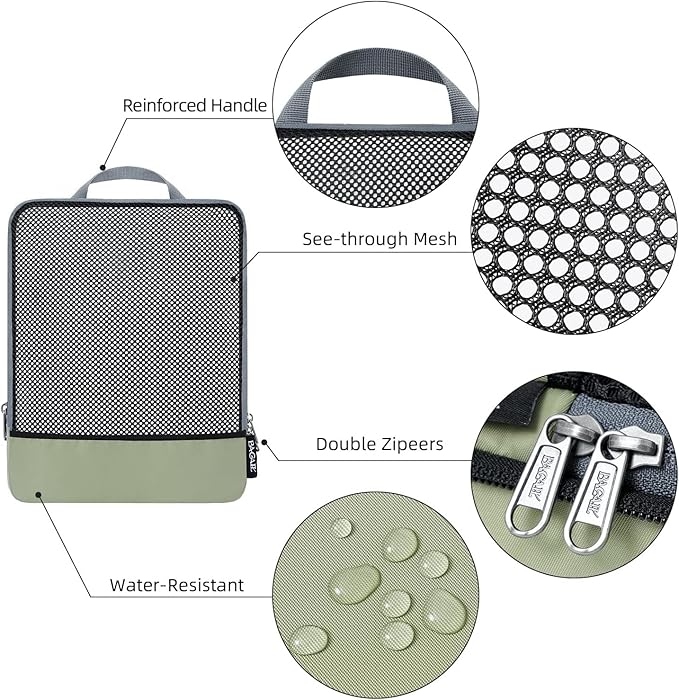 BAGAIL 4 Set/6 Set/8 Set Compression Packing Cubes Travel Accessories Expandable Packing Organizers (Half Mesh, 6-Matcha Green)
