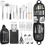 Camping Cooking Utensils Set, Stainless Steel Grill Tools, Camping BBQ Cookware Gear and Equipment for Travel Tenting RV Van Picnic Portable Kitchen Essentials Accessories