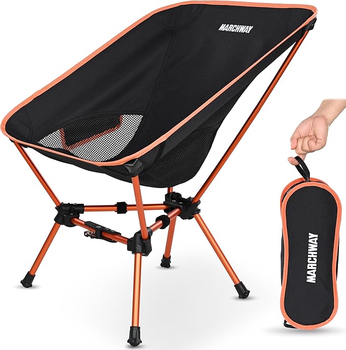 MARCHWAY Lightweight Folding Camping Chair with Spring Lock, Stable Compact Portable for Outdoor Camp, Travel, Beach, Picnic, Festival, Hiking, Backpacking (Lowback Orange)