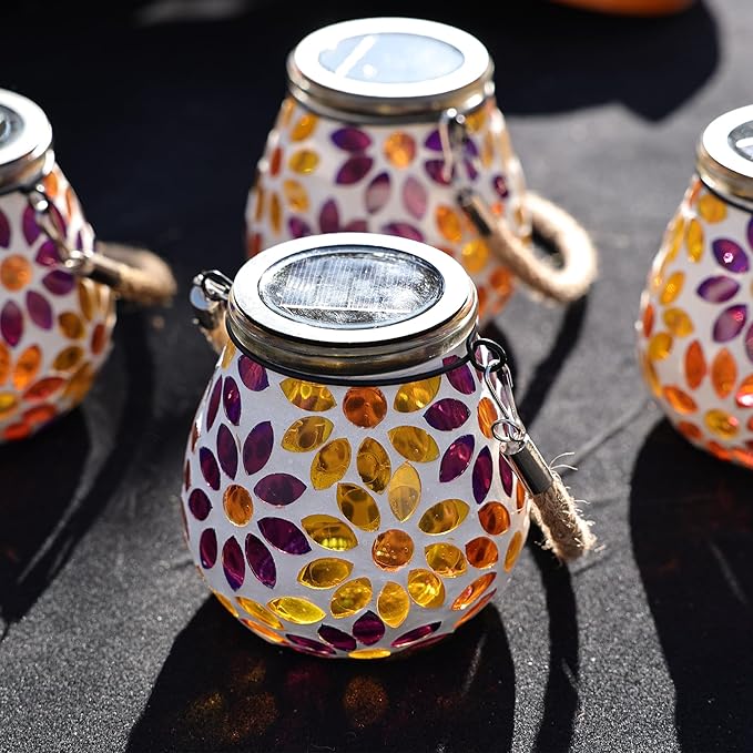 Cooo 2 Pack Mosaic Solar Lantern Outdoor Waterproof IP68 Hanging Projection Light Hidden Lid Pear-Shaped Lantern with Rope Handle Solar Powered Auto On for Patio Garden Fence Table -Petal Mirage