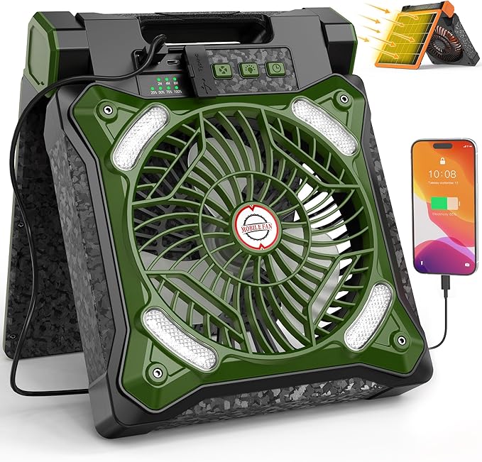 KITWLEMEN Upgraded Solar Camping Fan with Lantern - Rechargeable Battery Operated Fan, 36H Run Time Max, 4 Speeds, 8H Timer, 90° Adjustable Portable Desk Fan for Hurricane, Power Outage, Outdoor Use