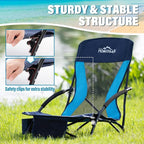 Homcosan Portable Low Folding Beach Chairs Set of 2 - Lightweight Camping Chairs for Adults with Cup Holder & Storage Pockets, Carry Bag Included (Navy & Blue)
