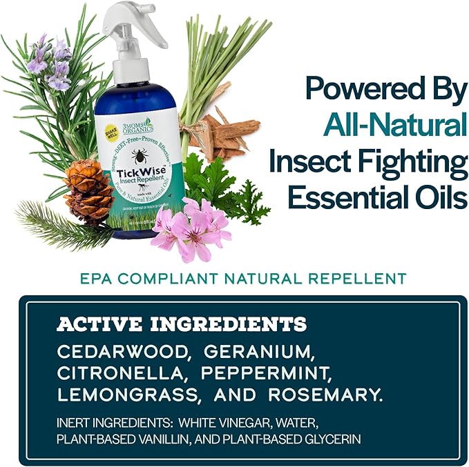 3 Moms Organics, TickWise 8oz Extra Strength Double Whammy 2-Pack - DEET- Free, Tick and Insect Repellent, Plant Based Essential Oils, All Natural Ingredients, Safe for Kids, Adults, Dogs & Horses