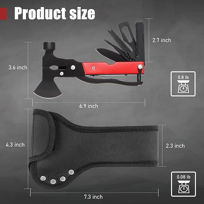 14-In-1 Multitool Camping Hammer - Survival Gear with Axe, Knife, Screwdriver, Pleirs, Saw, Bottle Opener and More -Portable Outdoor Tool Gift with Nylon Sheath for Men & Dad