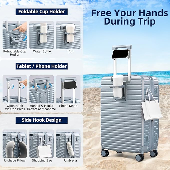 Hard Shell Suitcases 24 Inch Check in Luggage with Spinner Wheels Cup Holder, Lightweight Top Opening Expandable Luggage Hard Case Rolling Medium Checked Suitcase with Lock, Silver
