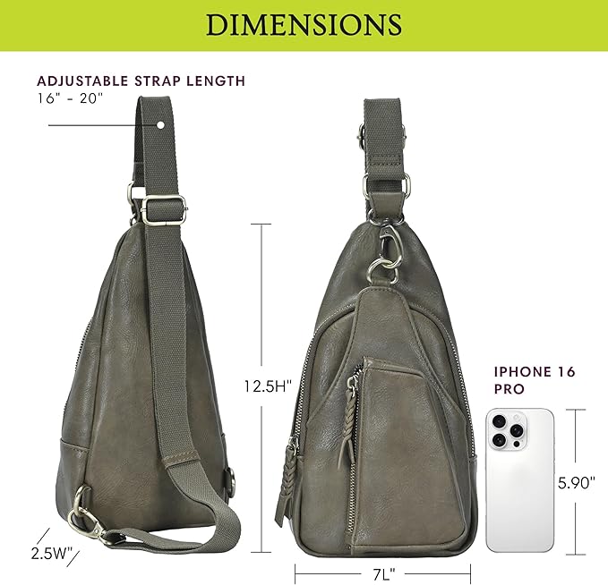 Antik Kraft Tasha Crossbody Sling (Olive) | Vegan Leather Crossbody Bag for Women with 16-20" Strap | Sling Bags for Women with Durable Antique Brass Hardware | 7in x 2.5in x 12.5in |