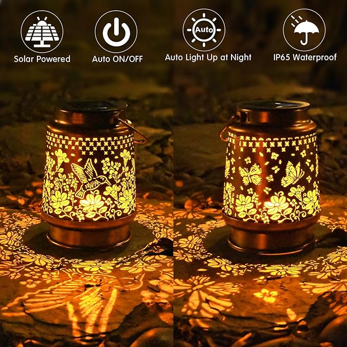 Solar Lanterns Outdoor Waterproof, 2 Pack Hummingbird & Butterfly Metal Hanging Solar Lantern, Gardening Gifts for Women Mom Grandma, Outdoor Lanterns for Yard Patio Pathway