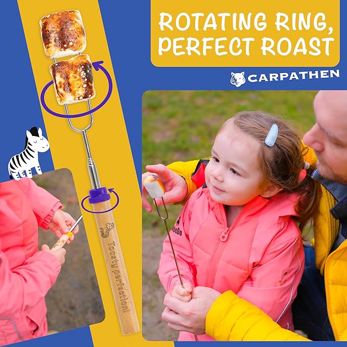 CARPATHEN Marshmallow Roasting Sticks Campfire - Set of 8pcs Smores Sticks With Beautifully Engraved Handles - Perfect as a Gift - Telescoping Stainless Steel Hot Dog Sticks Skewers