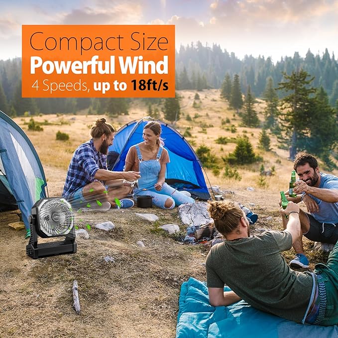 20000mAh Camping Fan, Rechargeable Battery Operated with 360° Rotatable Hook, 400 Lumes Light, 270° Pivot, 4 Speeds, 58Hrs Battery Powered Fan for Outdoor Tent Car Trip BBQ Hurricane Power Outages