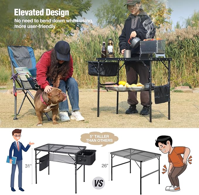 REDCAMP Folding Portable Grill Table with Sink for Outside, Lightweight Aluminum Metal Grill Stand Picnic Table for Camping Cooking BBQ RV Picnic, 2 Heights Adjustable,Black 36"x20"