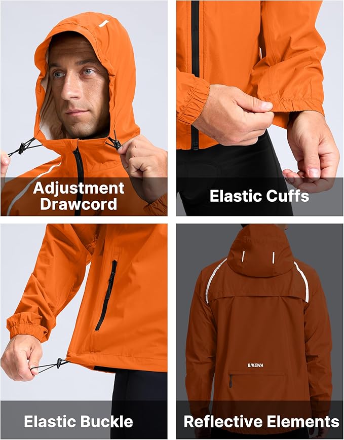 Men's Cycling Rain Jackets Waterproof Running Bike Windbreaker Lightweight Packable Hooded Jacket