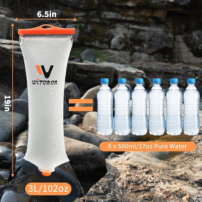 Water Bag 3L Compatible with Sawyer Squeeze Water Filter, Durable TPU Material, BPA & PVC Free Squeeze Pouch, Collapsible Hydration Canteens for Camping Hiking Cycling Fishing or Traveling