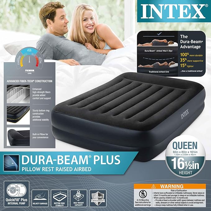 Intex Air Mattress, 64123ED Dura-Beam Plus Pillow Rest Fiber-Tech – Queen Size – Built-in Electric Pump – 16.5in Bed Height – 600lb Weight Capacity