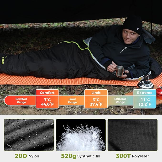 ATEPA Synthetic Mummy Sleeping Bag for Adults, Lightweight Cold Weather Compact Packable Waterproof Sleeping Bag with Compression Sack for Backpaking Hiking Camping