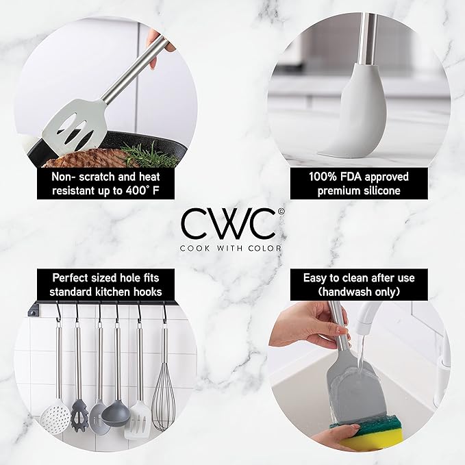 COOK WITH COLOR Silicone Cooking Utensils, Kitchen Utensil Set, Easy to Clean Silicone Kitchen Utensils, Cooking Utensils for Nonstick Cookware, Kitchen Gadgets Set, 10 Pieces, Grey Ombre