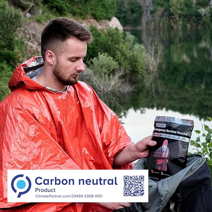 aZengear Emergency Survival Poncho (4pc) Thermal Mylar Foil Blanket for Heat Retention and Rain | Reversible with Hood | Waterproof, Windproof, Portable, Hands-Free, Outdoor Kit (Orange)