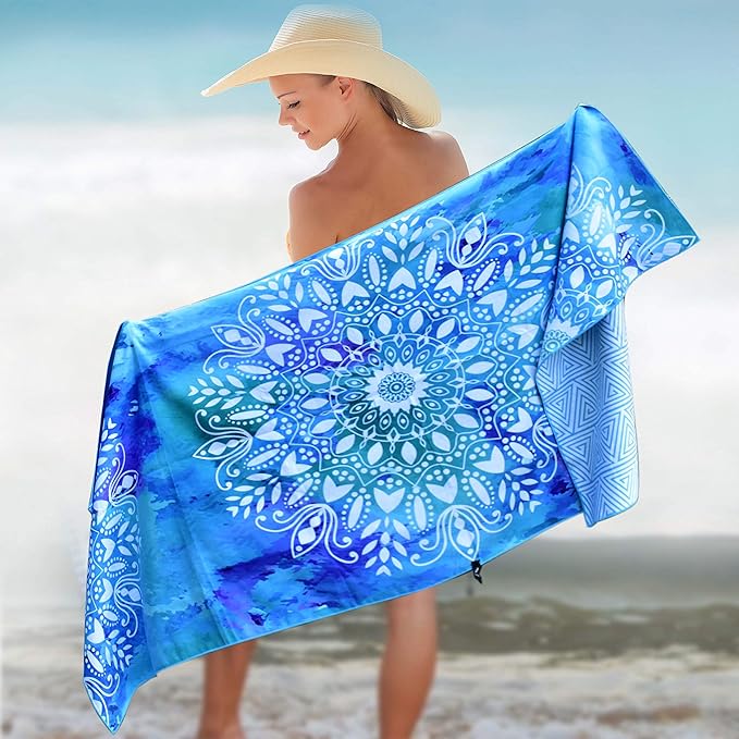 Elite Trend Microfiber Beach Towel for Adults with Bag - Extra Large 78x35 inch Lightweight Sand Free Quick Dry Towel for Travel, Swimming, Yoga, Camping (Mandala Blue)