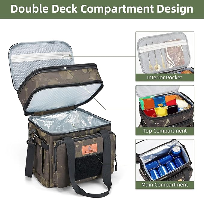 Tactical Lunch Box, Large Expandable Insulated Lunch Bag, Durable Waterproof Leakproof Cooler Bag for Adults/Men/Women/Work Outdoor Picnic Trips, 20 Cans/15 L, Black-Camo, HSHRISH