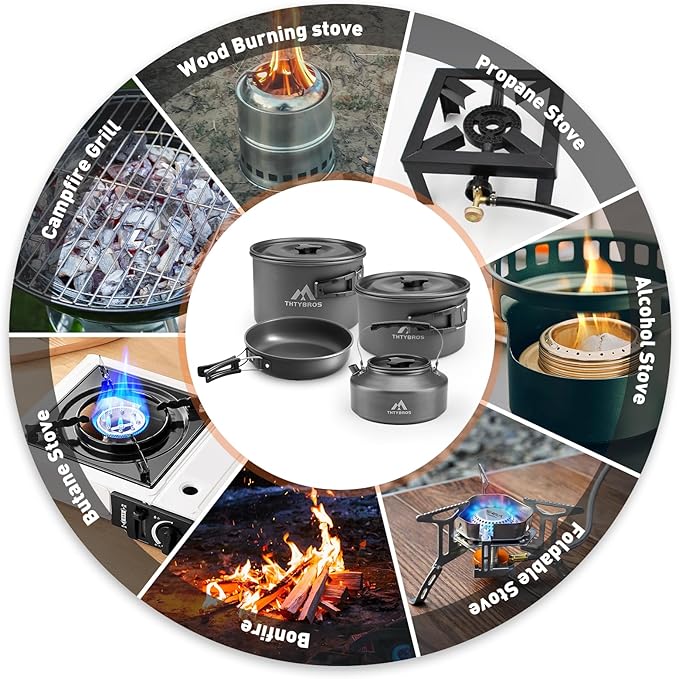 27pcs Camping Cookware Mess Kit for 2-4 People, Portable Cookware Set with Kettle, Pots & Pans, Stainless Steel Utensils, Plates, Dishware for Backpacking, Picnic, Outdoor Adventures