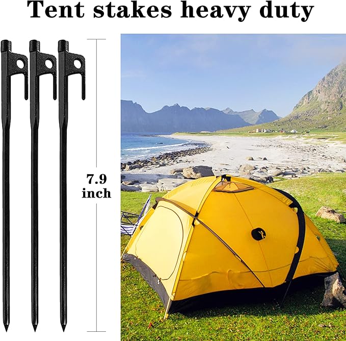 12 Pack Tent Stakes Heavy Duty, Metal Tent Stakes, Black Camping Stakes, Steel Tent Spikes, Canopy Stakes, Tent Pegs for Car Camping, Yard Decoration, Tarp, Shade Tent, Picnic