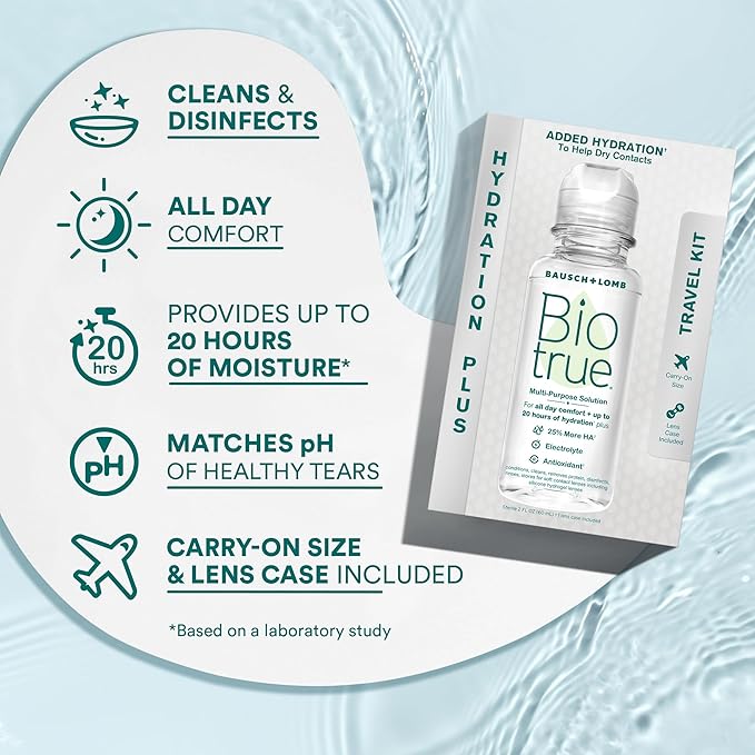 Biotrue Hydration Plus Contact Lens Solution, Multi-Purpose Solution for Soft Contact Lenses, Lens Case Included, 2 FL OZ Travel Size