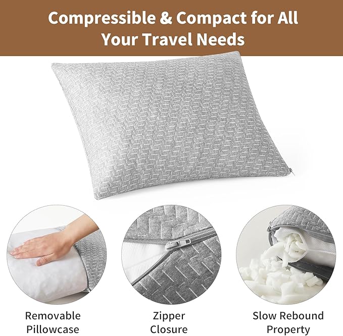 Travel Pillow Breathable Cover, Compressible Memory Foam Pillow Medium Firm for Travel Airplane Car Hiking Camping Outdoor