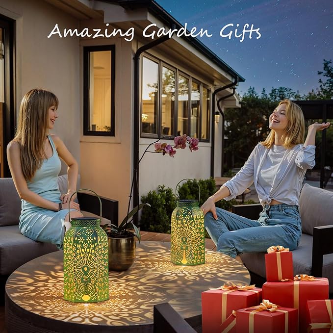 Homeimpro Solar Outdoor Lanterns Waterproof Peacock Gardening Gifts for Mom, Big Solar Garden Yard Art, Outside, Patio, Birthday Mothers' Day Gifts Grandma Wife (2Pack, Antique Green)