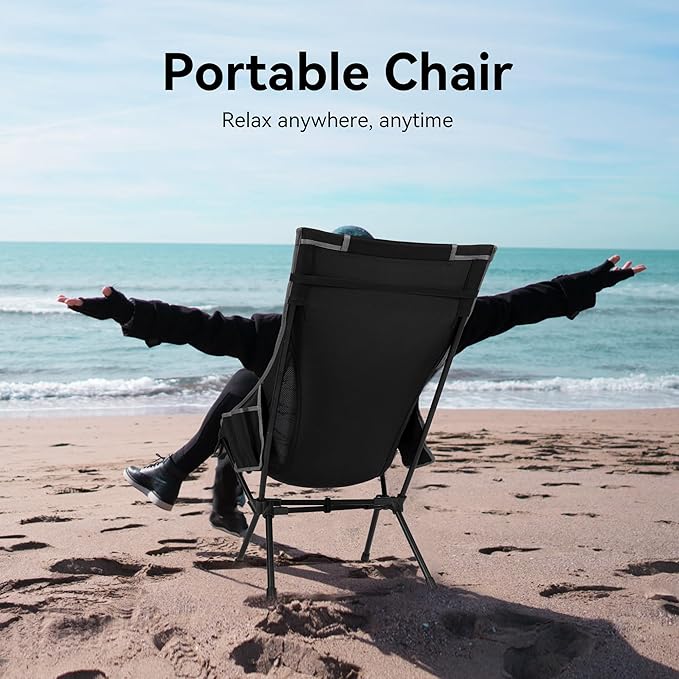 TOBTOS Portable High Back Camping Chair, Support Heavy Duty 440 lbs, Compact Folding Chair with Detachable Pillow for Camp, Hiking, Backpacking (Black)