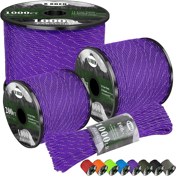 X XBEN Paracord Reflective 1000lb, 50/100/200/500/1000ft 4mm, 13 Strand Parachute Spool Cord, Heavy Duty Paracord Rope for Camping, Fishing, Hiking, Hunting, DIY Crafts, Purple