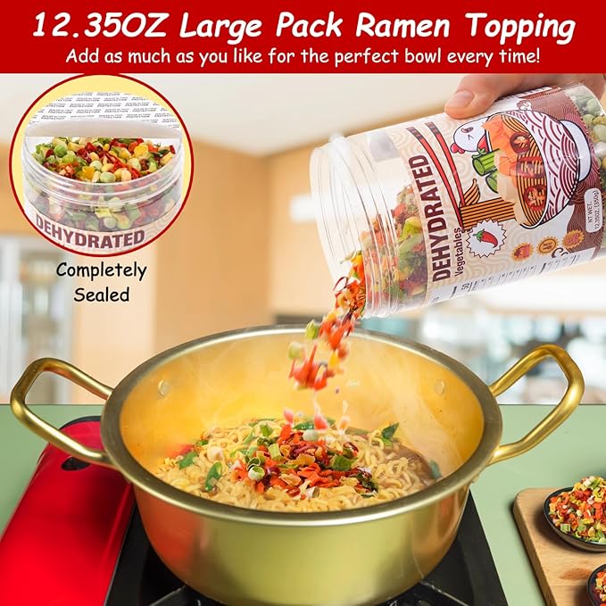 Dried Ramen Toppings Dehydrated Vegetables – 9 Mixed Vegetable Green & Red Bell Peppers, 12.35oz Natural Dried Veggie Flakes for Ramen Noodles, Camping Food Emergency Supply, Soups, Vegan