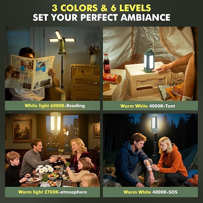 Portable Camping Light with Stand 67'' Rechargeable Work Light - 6500Lumen, 20000mAh Battery, 2700K-6000K Dimmable Emergency Flashlight with Magnetic Base for Camping, Garage, Power Outages