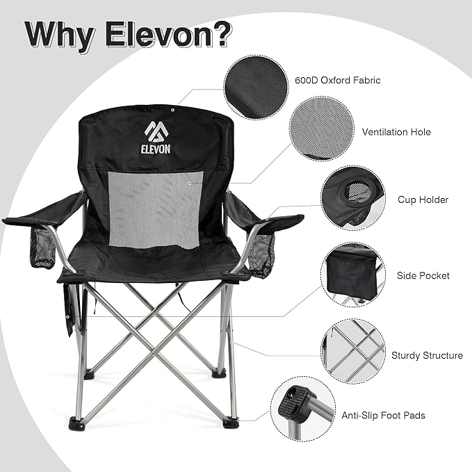 Camping Chair, Portable Folding Outdoor Chair with Arms, Cup Holder and Carry Bag