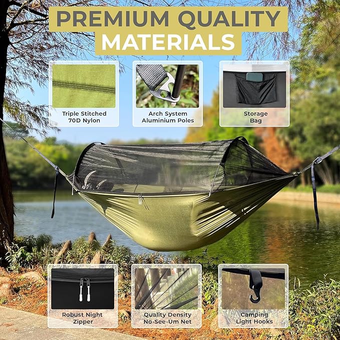 ADVOKAIR Camping Hammock with Mosquito Net and Rain Fly, Up to 500lbs, Ultralight and Portable Nylon Travel Hanging Hammock with Tree Straps, Perfect for Outside, Backpacking, Hiking and Backyard
