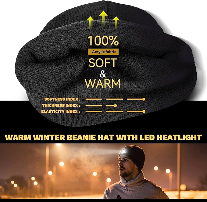 VIBELITE LED Beanie Hat with Light, USB Rechargeable LED Headlamp, Gifts for Men, Him, Husband, Boyfriend,Gifts for Dad, Husband, Father, Orange