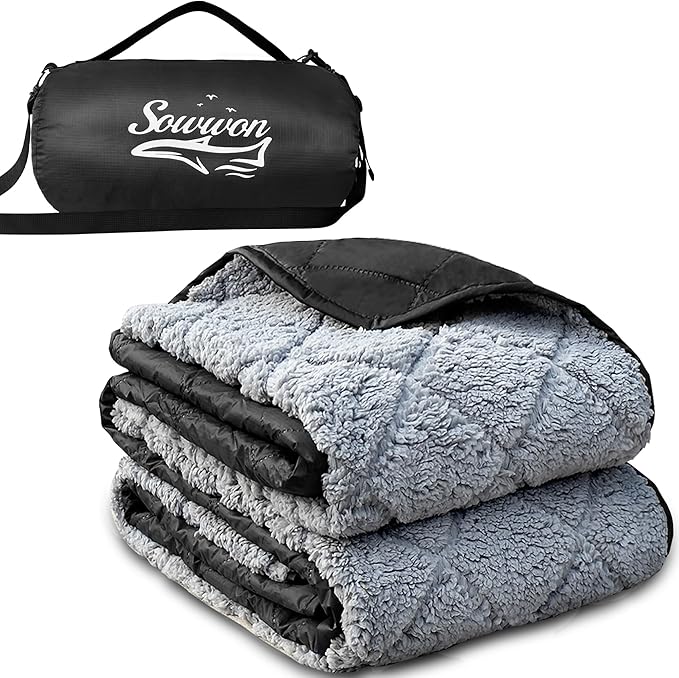 Waterproof Outdoor Blanket 82”X 55” Packable, Stadium Blankets for Camping with Sherpa Fleece Lining, Large Windproof Emergency Throw Mat for Garss Picnic Hiking Road Trip, Machine Washable, Black