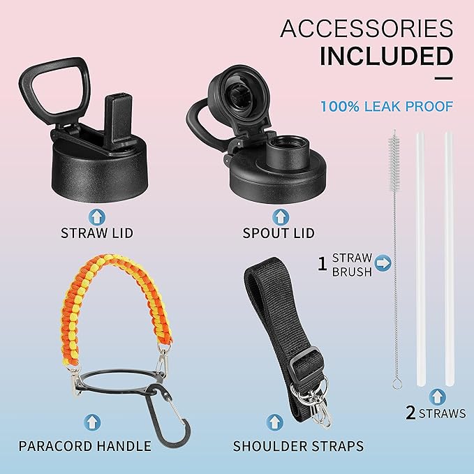 KXIAOCHEN Insulated Water Bottle, Stainless Steel Water Bottle, 2 Lids (Straw and Handle Lid),Wide Mouth Metal Water Bottles Keep Hot and Cold, Double Walled, Thermo Mug, Metal Canteen