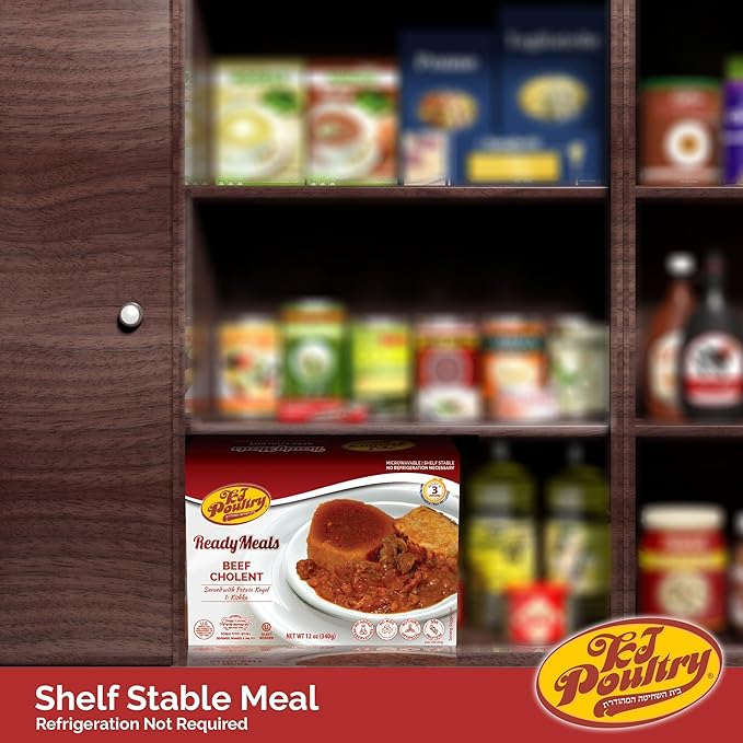 KJ Poultry Kosher Ready Meals - Beef Chulent & Kugel, MRE Meat Meals Ready to Eat, Shabbos Food (2 Pack) Prepared Entree Fully Cooked, Shelf Stable Microwave Dinner Travel, Military, Camping, Survival