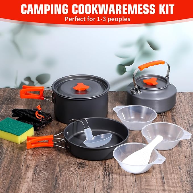 8pcs Camping Cookware Camping Pots and Pans Set with Kettle Plastic Bowls and Soup Spoon for Camping, Backpacking, Outdoor Cooking and Picnic