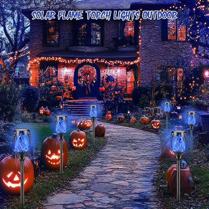 Upgraded Larger Solar Lights Outdoor, 6 Pack Flickering Flame Solar Torch Lights with Super Larger Size for Halloween Decor, Waterproof Solar Powered Outdoor Halloween Light for Yard Pathway (Blue)