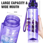 OLDLEY Water Bottle, 32oz Motivational Sports Water Bottle with Time Marker - Times to Drink - Tritan, BPA Free, Wide Mouth Leakproof, Deep Purple (1 Bottle)