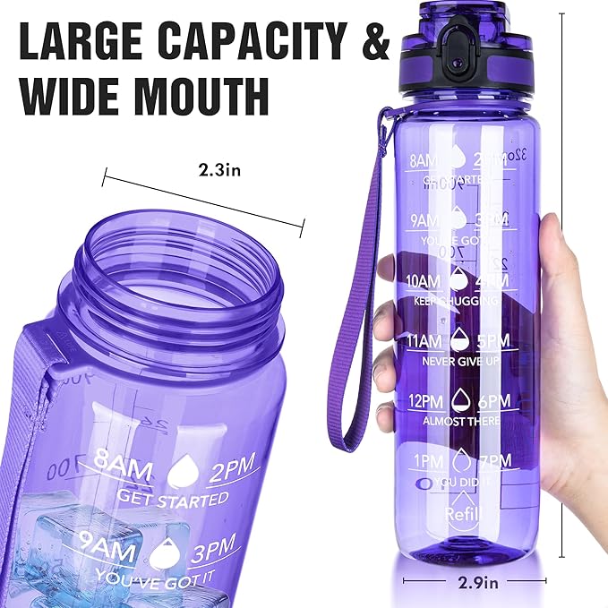 OLDLEY Water Bottle, 32oz Motivational Sports Water Bottle with Time Marker - Times to Drink - Tritan, BPA Free, Wide Mouth Leakproof, Deep Purple (1 Bottle)