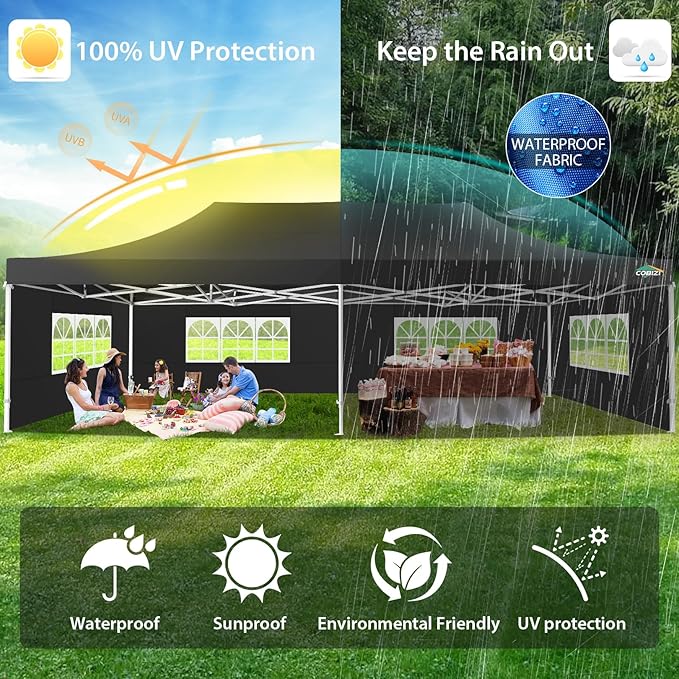 COBIZI 13x26 Pop up Canopy Tent 13x26 Canopy with 6 Sidewalls Waterproof Heavy Duty Commercial Canopy Tent for Parties Outdoor Garden Gazebo, Carry Bag with Wheel(13x26ft, Black)