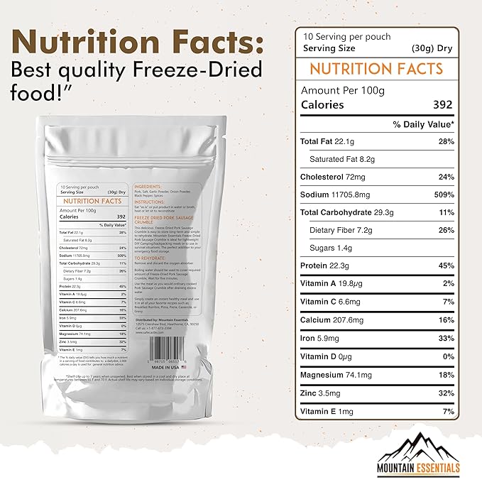 MOUNTAIN ESSENTIALS Freeze-Dried Pork Sausage Crumble – Fully Cooked & Ready to Eat | Traditional Flavor | Premium Quality Everyday Meals, Camping & Emergency Survival Food | 10 Servings | Made in USA | 7-Year Shelf Life