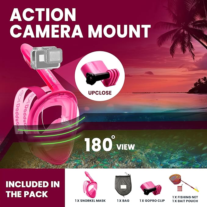 DaddyGoFish Kids Snorkel Mask | Snorkle Snorkeling Gear with Camera Mount | Extendable Telescopic Landing Fishing Net & Snorkeling Mask Combo Set Anti-Fog Anti-Leak