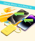 6000mah Ultra Slim Built in Cables Power Bank, Card Size Built in USB C Cords Battery Pack Portable Charger for Phones, 3 Output External Battery Pack Compatible with iPhone, Samsung, Google, Yellow