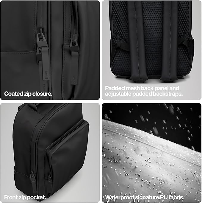 RAINS Book Daypack - Black Laptop Backpack for Men and Women, Waterproof Black Minimalist Commuter Bag with 15” Laptop Room, Front Zip Pocket - 2 Year Warranty