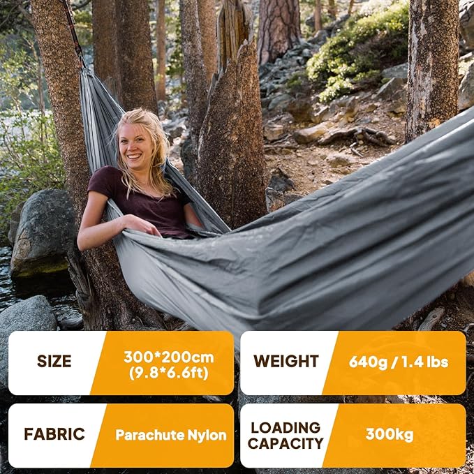 NATUREFUN Ultra-Light Travel Camping Hammock | 300kg Load Capacity,Breathable,Quick-Drying | 2 x Premium Carabiners,2 x Nylon Slings Included | Outdoor Indoor Garden